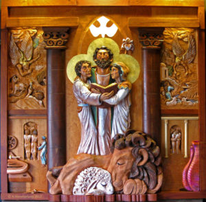 "Holy Family" is a high relief wood sculpture by AVonnHartung for private collection