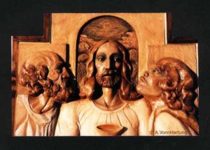 Last Supper high relief wood sculpture by AVonnHartung (at Our Lady of Lourdes Catholic Church, Gales Ferry, Connecticut)
