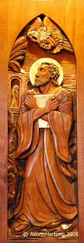 St. John Evangelist high relief wood sculpture by AVonnHartung for St. Paul's Catholic Church (Pensacola, Florida)