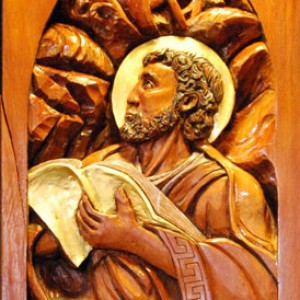 St. Luke high relief wood sculpture by AVonnHartung for St. Paul's Catholic Church (Pensacola, Florida)