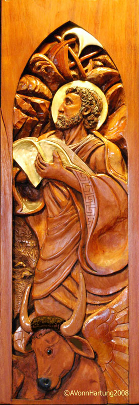 St. Luke high relief wood sculpture by AVonnHartung for St. Paul's Catholic Church (Pensacola, Florida)