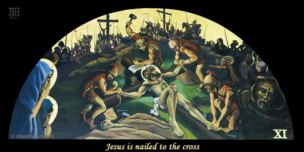Jesus is nailed to the cross. ViaCrucis station 11 painting by AVonnHartung