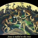 Jesus is nailed to the cross. ViaCrucis station 11 painting by AVonnHartung