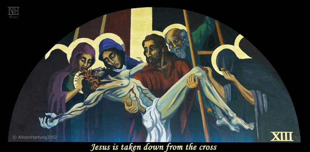 Jesus is taken down from the cross. ViaCrucis station 13 painting by AVonnHartung