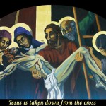Jesus is taken down from the cross. ViaCrucis station 13 painting by AVonnHartung