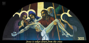 Jesus is taken down from the cross. ViaCrucis station 13 painting by AVonnHartung