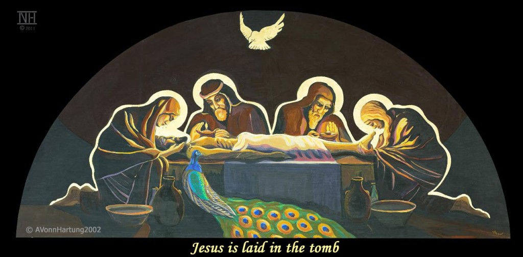 Jesus is laid in the tomb. ViaCrucis station 14 painting by AVonnHartung