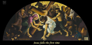 Jesus falls the first time. ViaCrucis station 3 painting by AVonnHartung