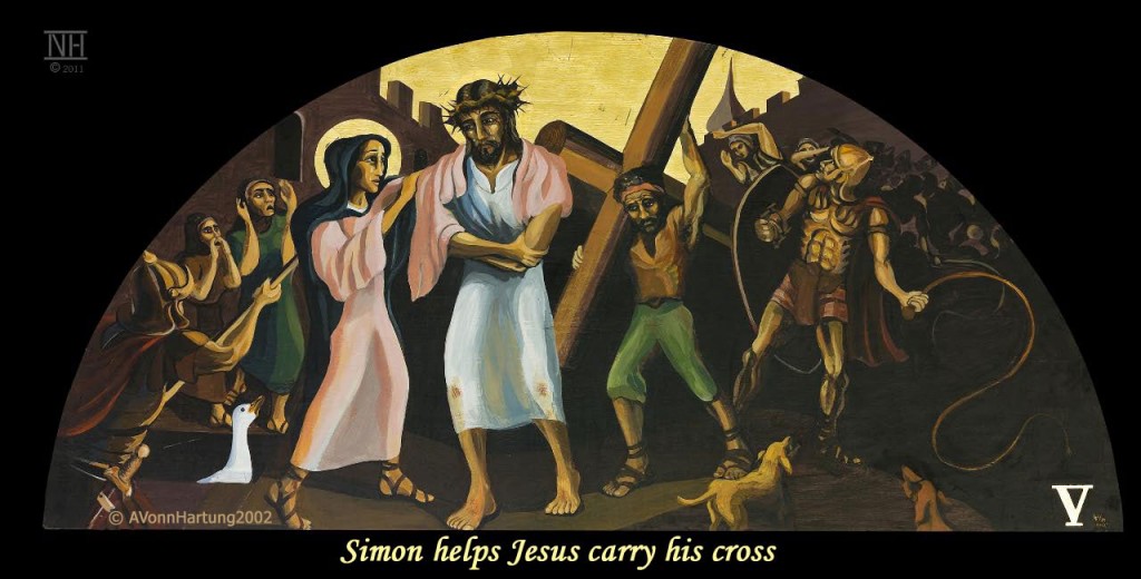 Simon helps Jesus carry his cross. ViaCrucis station 5 painting by AVonnHartung