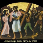 Simon helps Jesus carry his cross. ViaCrucis station 5 painting by AVonnHartung