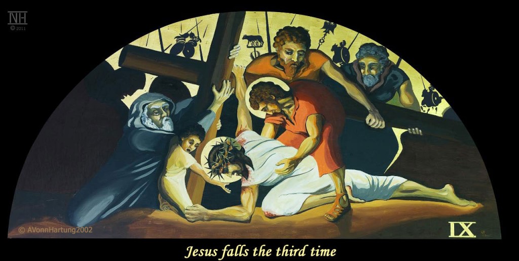 Jesus falls the third time. ViaCrucis station 9 painting by AVonnHartung