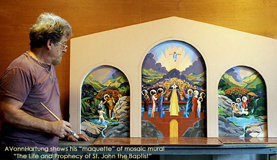 Artist AVonnHartung displays his maquette of MosaicMural "The Life and Prophecy of St. John the Baptist" in Orocovis, Puerto Rico