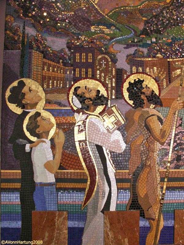 "The Life and Prophecy of St. John the Baptist" MosaicMural (closeup 4 saints) by AVonn Hartung in Orocovis Puerto Rico