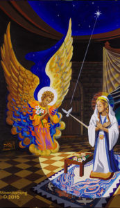 Acrylic painting on canvas, Let it be Done, portrays the Annunciation event.