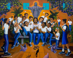 Forever Young, Jesus surrounded by students painting by A.Vonn Hartung