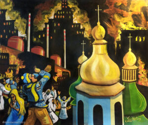 This original painting shows the bombing of Ukraine in February 2022