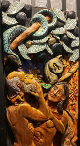 Eve and Adam, closeup detail of pandemic woodcarving by A.Vonn Hartung