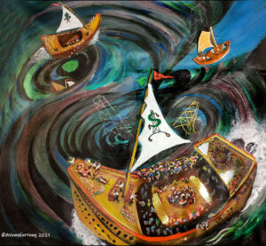 "Ships of Fools" is a painting and sonnet by A.VonnHartung, from his series "Cries of Creation", inspired by Pope Francis' encyclical on the environmental crisis "Laudato Si"