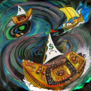 In the painting Ships of Fools by A.Vonn Hartung, roulette wheels serve as the foolish captain’s compasses. Hence begin chance cruises to nowhere. The painting points to the hope that we will not be taken (as passengers) into an unsustainable future.