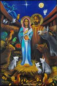 Mary at the manger before birth, with Joseph and God's creatures