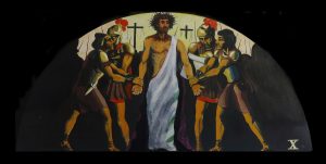 The 10th of 14 Stations of the Cross paintings by A. Vonn Hartung—Jesus is stripped of his garments