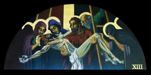 The 13th of 14 Stations of the Cross paintings by A.Vonn Hartung—Jesus is taken down from the cross
