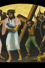 The 5th of 14 Stations of the Cross paintings by A.Vonn Hartung—Simon helps Jesus carry his cross