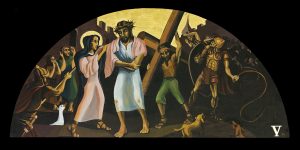The 5th of 14 Stations of the Cross paintings by A.Vonn Hartung—Simon helps Jesus carry his cross