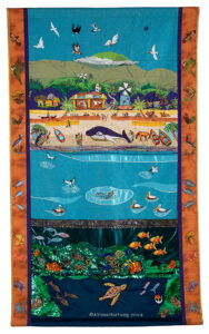 A tapestry by A.Vonn Hartung (45 x 76 inches), showing the beauty of nature in Puerto Rico; depicts the Integral connection between the Sky and the Sea, and what lives in and between in Nature, including you and me.